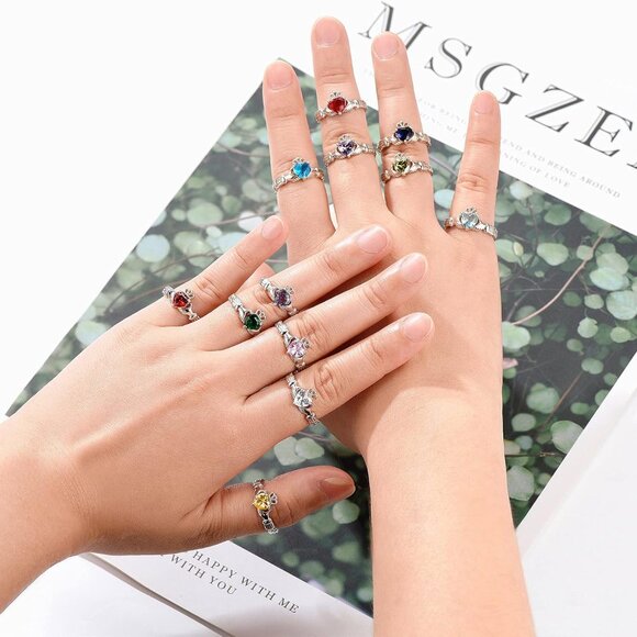 925 Sterling Silver Good Luck Celtic Twisted Knot/Claddagh Heart Birthstone Ring - Picture 4 of 7